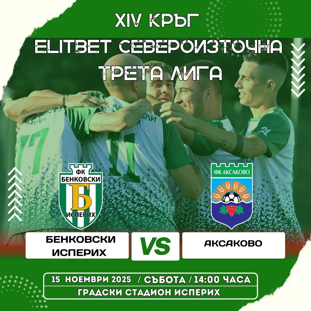 Бенковски (Исперих) ще се изправи срещу Аксаково в мач от 14-ия кръг на Североизточната Трета лига. Бенковски е сред най-силните домакини в лигата. Под ръководството на старши треньора Николай Кънчев, отборът е изиграл 6 срещи у дома, в които е постигнал 5 победи и 1 равенство. Равенството (0:0) бе регистрирано малко изненадващо срещу СФК Светкавица 2014 (Търговище) преди два кръга. В последния кръг Бенковски (Исперих) победи Ботев (Нови пазар) с 4:2 и след тази победа старши треньорът даде на играчите по-дълга почивка. "Приемаме Аксаково с амбиция за победа. Няма да подценим противника, ще подходим изключително сериозно, за да можем да спечелим", коментира старши треньорът Николай Кънчев. Отборът на Аксаково се намира на 15-то място с общо 7 точки и е успял да спечели само 1 победа като гост. Тя бе постигната срещу Светкавица (Търговище) с резултат 2:0. През миналия сезон срещите между двата отбора завършиха с победи за Бенковски (Исперих) – 5:0 като домакин и 1:0 като гост.
