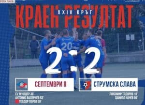 Струмска слава (Радомир) завърши 2:2 срещу дублиращия отбор на Септември (София) в двубой от 24-ия кръг на Югозападната Трета лига. Любомир Тодоров откри резултата за домакините в 18-та минута. В края на първото полувреме Су Мулдер възстанови равенството. В началото на второто полувреме Септември II поведе след гол на Антонио Валериев в 53-та минута. Теодор Гюров от Струмска слава получи директен червен картон, след като фаулира откъсващия се Даниел Начев. В крайните минути на мача Даниел Начев реализира за 2:2 и оформи крайния резултат.