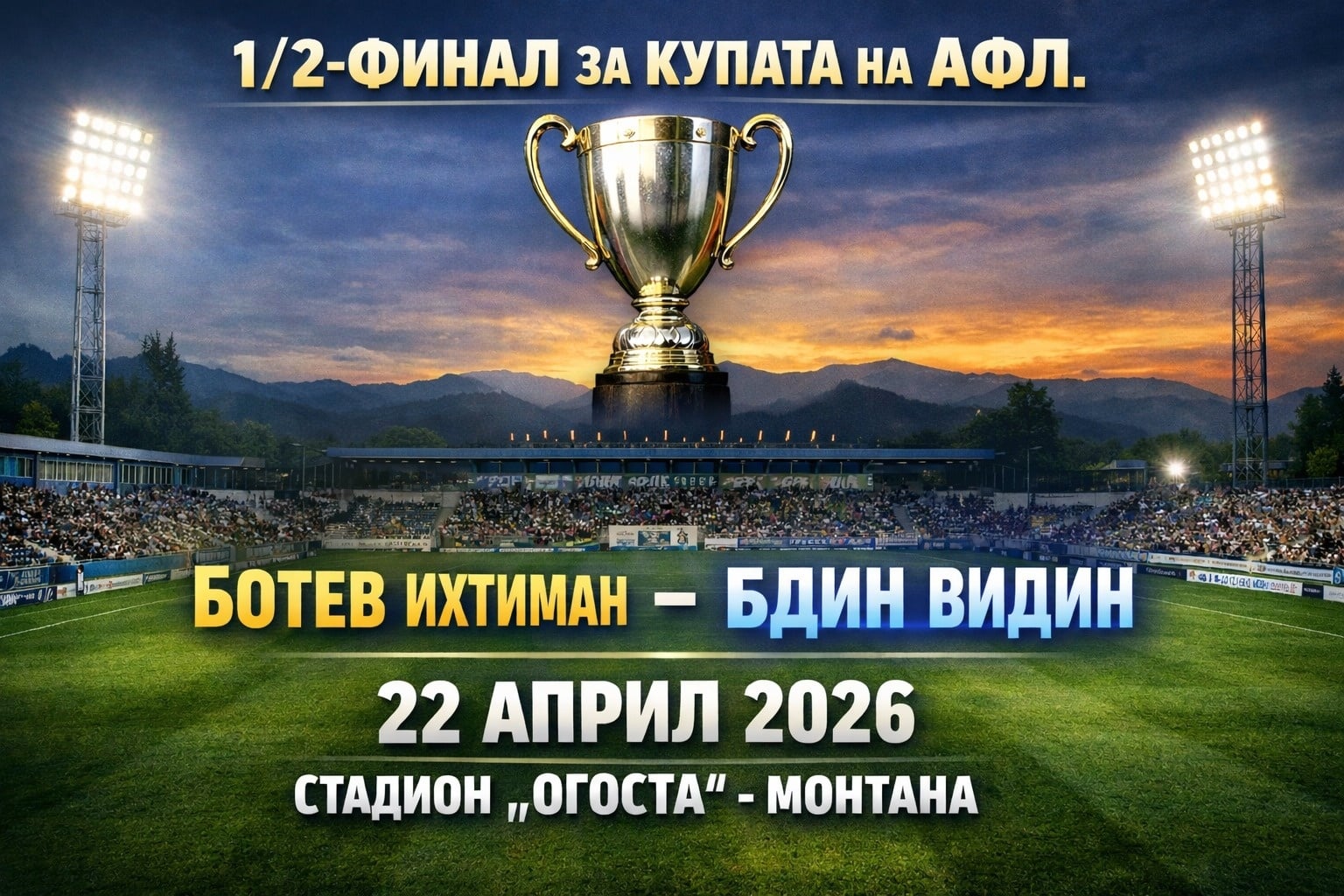 Ботев (Ихтиман) срещу Бдин (Видин) в 1/2-финал за Купата на Аматьорската лига Ботев (Ихтиман) се готви за един от най-важните си двубои за сезона — полуфинал в турнира за Купата на Аматьорската лига. В сряда, 22 април, тимът на старши треньора Валери Свиленов ще играе срещу първенеца на Северозападна България — Бдин (Видин). Мачът започва в 17:00 часа на стадион „Огоста“ в Монтана. Добрата новина за ихтиманци е завръщането в състава на Богомил Христов и Стефан Велев, които пропуснаха последния шампионатен двубой срещу ФК Банско заради наказание. Ботев (Ихтиман) спечели титлата в Югозападна България, след като на финала в областта победи Струмска слава (Радомир) с 2:1.