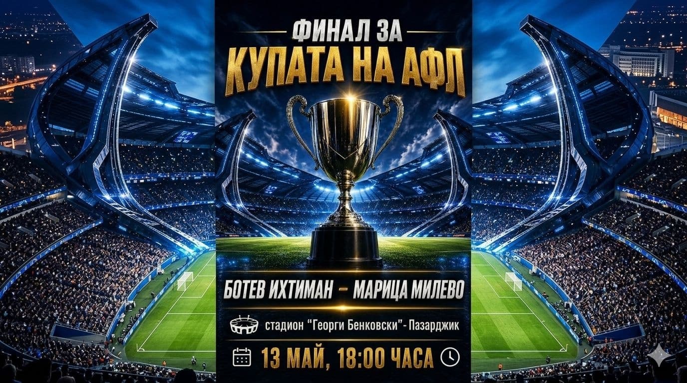 Финалът за Купата на Аматьорската лига: Ботев (Ихтиман) срещу Марица (Милево) Финалният мач за Купата на Аматьорската лига ще се проведе на 13 май на стадион "Георги Бенковски" в Пазарджик. Двубоят е с начален час 18:00, като в спор за трофея ще се изправят Ботев (Ихтиман) и Марица (Милево). Ботев (Ихтиман) спечели шампионската титла в Югозападната Трета лига и на националните полуфинали отстрани Бдин (Видин). Марица (Милево) е първенец на Югоизточна България и на полуфиналите елиминира Септември (Тервел).