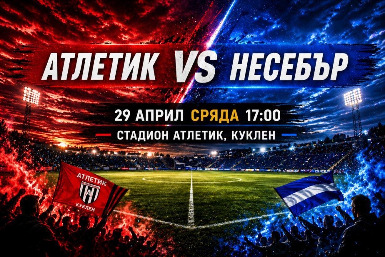 ОФК Несебър гостува на Атлетик (Куклен) ОФК Несебър гостува на Атлетик (Куклен) в среща от междинния 32 кръг на Югоизточната Трета лига. Двубоят ще се проведе на 29 април (сряда) от 17:00 часа на стадион „Атлетик“ в Куклен. „Делфините“ влизат в мача като лидери в класирането със 70 точки, постигнати след 22 победи, 4 равенства и само 3 загуби, при впечатляваща голова разлика 85:17. Несебър има аванс от 3 точки пред втория Марица (Пловдив) и ще търси нов важен успех в битката за върха. Домакините от Атлетик заемат 12-о място с 36 точки. Успех, "делфини"!