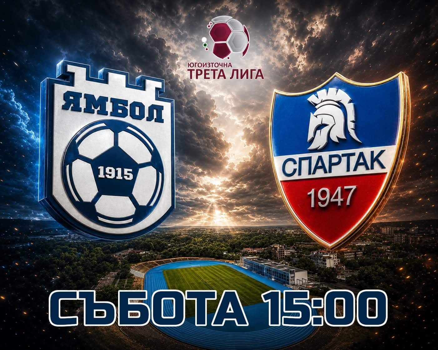 Поредна промяна около провеждането на последния мач на ФК „Ямбол“ за сезона в Югоизточната Трета лига. Домакинството срещу пловдивския „Спартак“ вече ще започне в събота от 15:00 часа, а не от 16:00, както бе съобщено първоначално. Първоначално срещата бе насрочена за традиционния час 18:00. По-късно двата тима се разбраха за по-ранен старт, а след последната корекция окончателният начален час за сблъсъка е фиксиран на 15:00 ч.