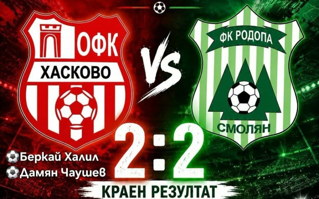 ОФК Хасково и Родопа (Смолян) завършиха 2:2 в приятелска среща, играна на стадион „Арена Изгрев-Джебел“ в град Джебел. Стадионът предложи отлични условия за игра и е терен, на който не един и два отбора от родния елит биха искали да се подготвят. Хасково поведе в средата на първото полувреме, когато Беркай Халил се разписа с великолепен удар от около 30 метра, който не остави шансове на вратаря на Родопа. Само няколко минути по-късно, след грешка при изнасянето на топката, тимът от Смолян изравни резултата. След почивката ОФК Хасково създаде няколко добри положения и закономерно отново поведе. В средата на второто полувреме Дамян Чаушев засече центриране на Красимир Илиев и направи резултата 2:1. Около петнадесет минути преди края Родопа стигна до второ попадение и оформи крайното 2:2. Контролата бе много полезен тест за отбора, който показа добра организация и характер, въпреки отсъствието на няколко основни футболисти. ОФК Хасково изказва искрените си благодарности към ръководството и отбора на ФК Джебел 1925 за гостоприемството и перфектните условия, предоставени на двата отбора. Именно такива терени и организация са предпоставка за качествен футбол и заслужават похвала.