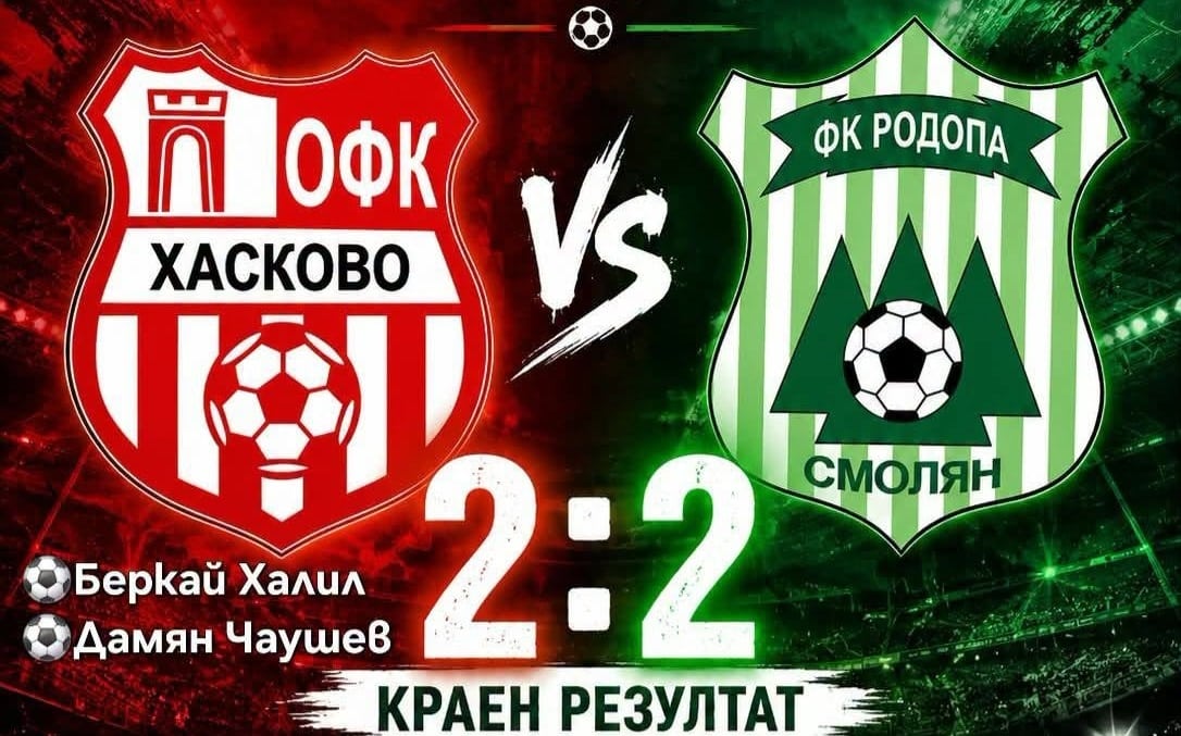 ОФК Хасково и Родопа (Смолян) завършиха 2:2 в приятелска среща, играна на стадион „Арена Изгрев-Джебел“ в град Джебел. Стадионът предложи отлични условия за игра и е терен, на който не един и два отбора от родния елит биха искали да се подготвят. Хасково поведе в средата на първото полувреме, когато Беркай Халил се разписа с великолепен удар от около 30 метра, който не остави шансове на вратаря на Родопа. Само няколко минути по-късно, след грешка при изнасянето на топката, тимът от Смолян изравни резултата. След почивката ОФК Хасково създаде няколко добри положения и закономерно отново поведе. В средата на второто полувреме Дамян Чаушев засече центриране на Красимир Илиев и направи резултата 2:1. Около петнадесет минути преди края Родопа стигна до второ попадение и оформи крайното 2:2. Контролата бе много полезен тест за отбора, който показа добра организация и характер, въпреки отсъствието на няколко основни футболисти. ОФК Хасково изказва искрените си благодарности към ръководството и отбора на ФК Джебел 1925 за гостоприемството и перфектните условия, предоставени на двата отбора. Именно такива терени и организация са предпоставка за качествен футбол и заслужават похвала.