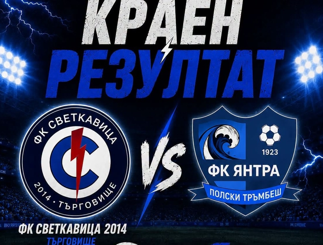 Янтра (Полски Тръмбеш) загуби с 1:2 от Светкавица 2014 Янтра (Полски Тръмбеш) загуби с 1:2 от Светкавица 2014 (Търговище) в контрола, която се игра по-рано днес на стадион "Димитър Бурков" в Търговище. Тимът, воден от старши треньора Петър Кръстев, първи поведе в резултата и на почивката водеше с 1:0. След почивката обаче домакините стигнаха до обрата след голове на Серкан Свиленов и Златин Боянов. Това бе предпоследната контрола за Янтра (Полски Тръмбеш), а последната е на 15 август (събота) срещу Лясковец. Новият сезон в Северозападната Трета лига стартира на 22 август, като в 1 кръг тимът е домакин на Бдин (Видин). ПРОГРАМА 18 юли, Янтра (ПТ) – Янтра U18 – 4:2 25 юли, Янтра (ПТ) – Академик (Свищов) – 1:2 29 юли, Янтра (ПТ) – Павликени – 3:2 1 август, Янтра (ПТ) – Етър U18 – 4:0 5 август, Янтра (ПТ) – Етър II – 0:2 8 август, Севлиево – Янтра (ПТ) 2:0 12 август, Светкавица – Янтра (ПТ) - 2:1 15 август, Янтра (ПТ) – Лясковец