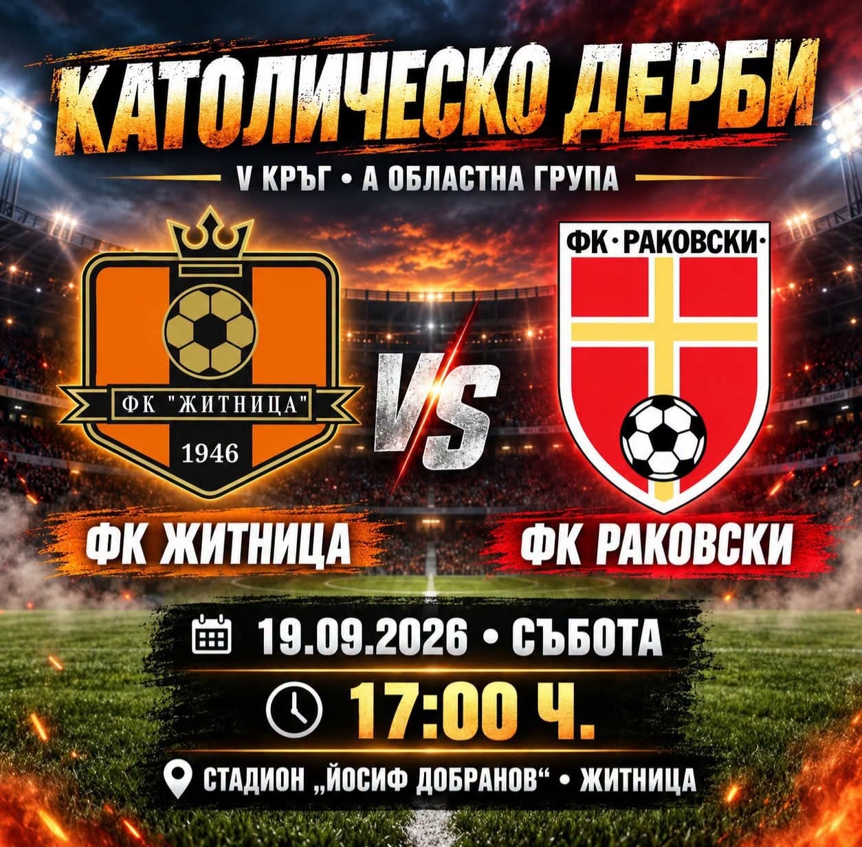ФК Раковски гостува на ФК Житница в V кръг на „А“ Областна група – Пловдив ФК Раковски се готви за следващото си предизвикателство. В събота, на 19 септември 2026 г., от 17:00 ч. тимът ще играе на стадион „Йосиф Добранов“ в село Житница в среща от V кръг на „А“ Областна група – Пловдив. Раковски ще се изправи в католическото дерби срещу познатия и здрав състав на ФК Житница. Пожелаваме успех на момчетата, да покажат силна игра, да спечелят и най-важното — мач без контузии!